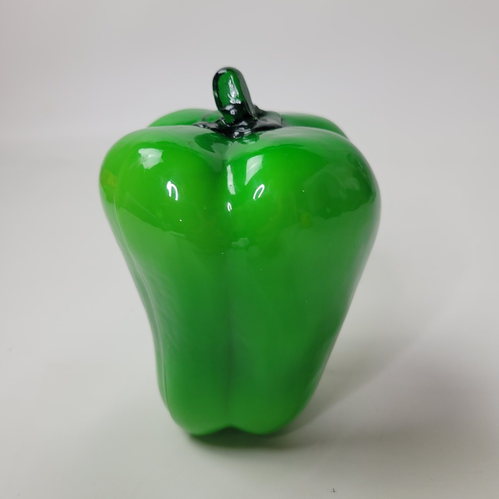 Vintage Hand Blown Green Glass Bell Pepper Figurine Art Glass Decor
